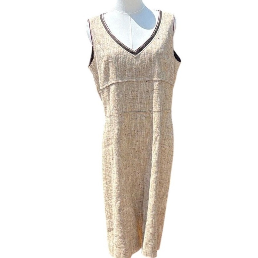 Per Se Size 14 Silk Canapa Beige V-Neck Midi Dress